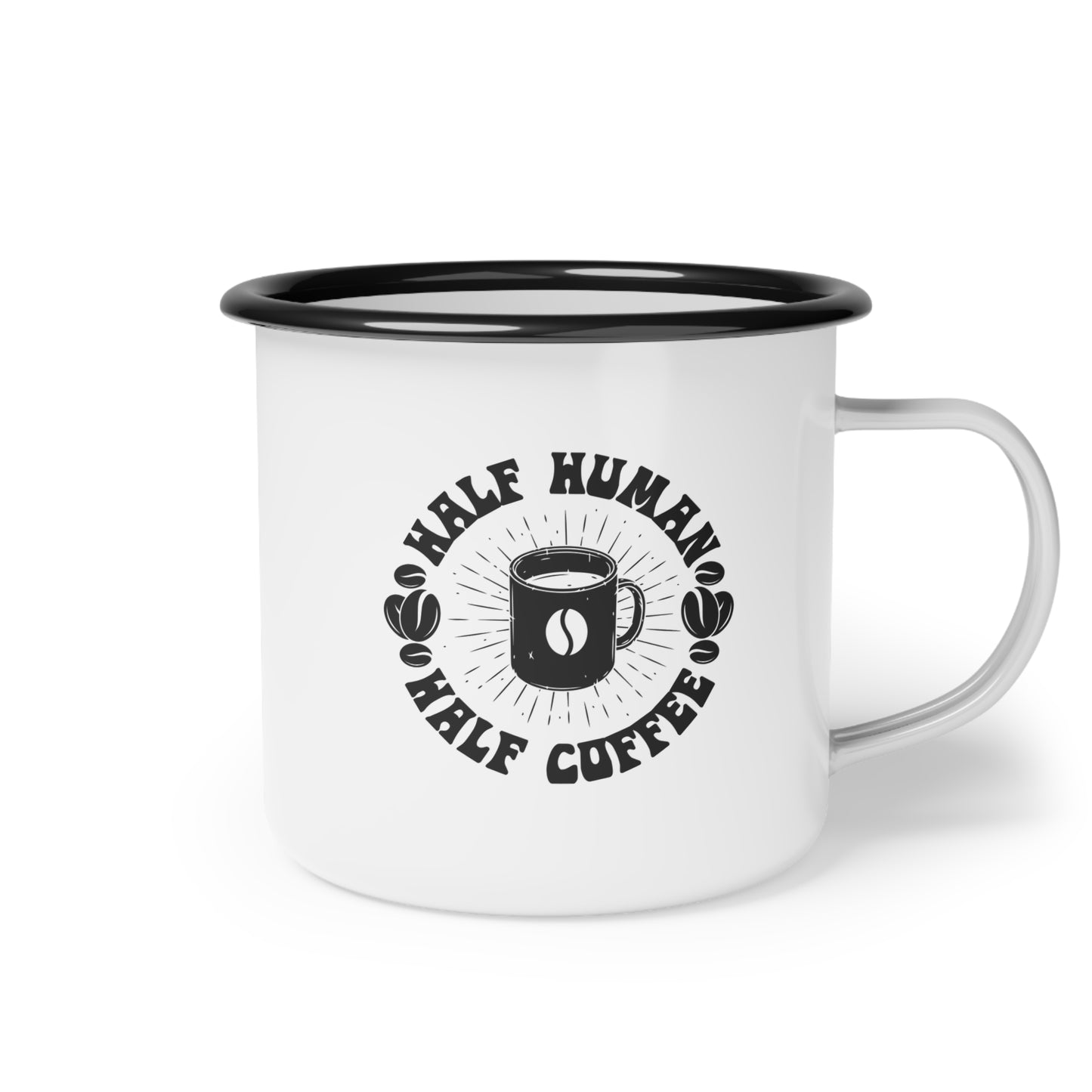 Half Human Half Coffee Enamel Camp Cup - Perfect for Coffee Lovers and Outdoor Adventures