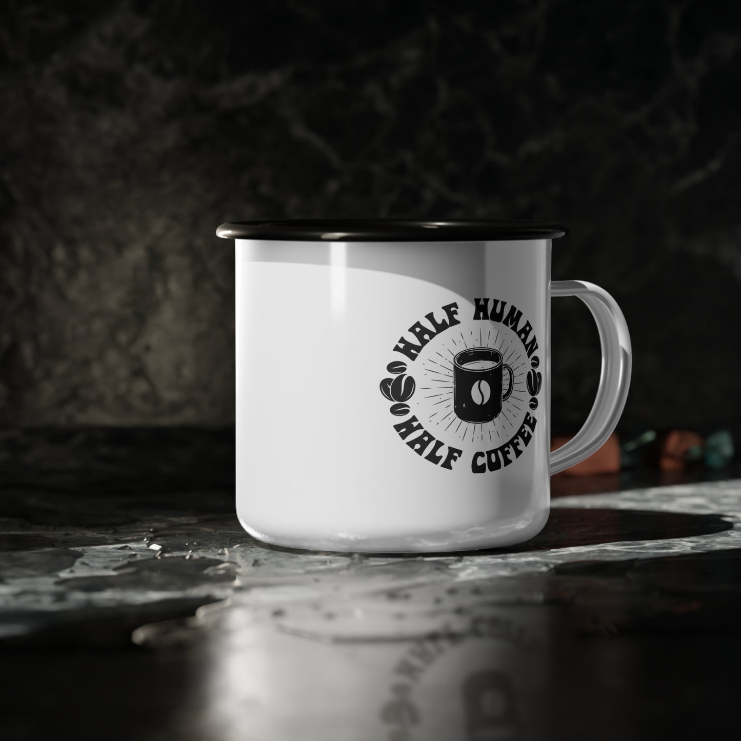 Half Human Half Coffee Enamel Camp Cup - Perfect for Coffee Lovers and Outdoor Adventures