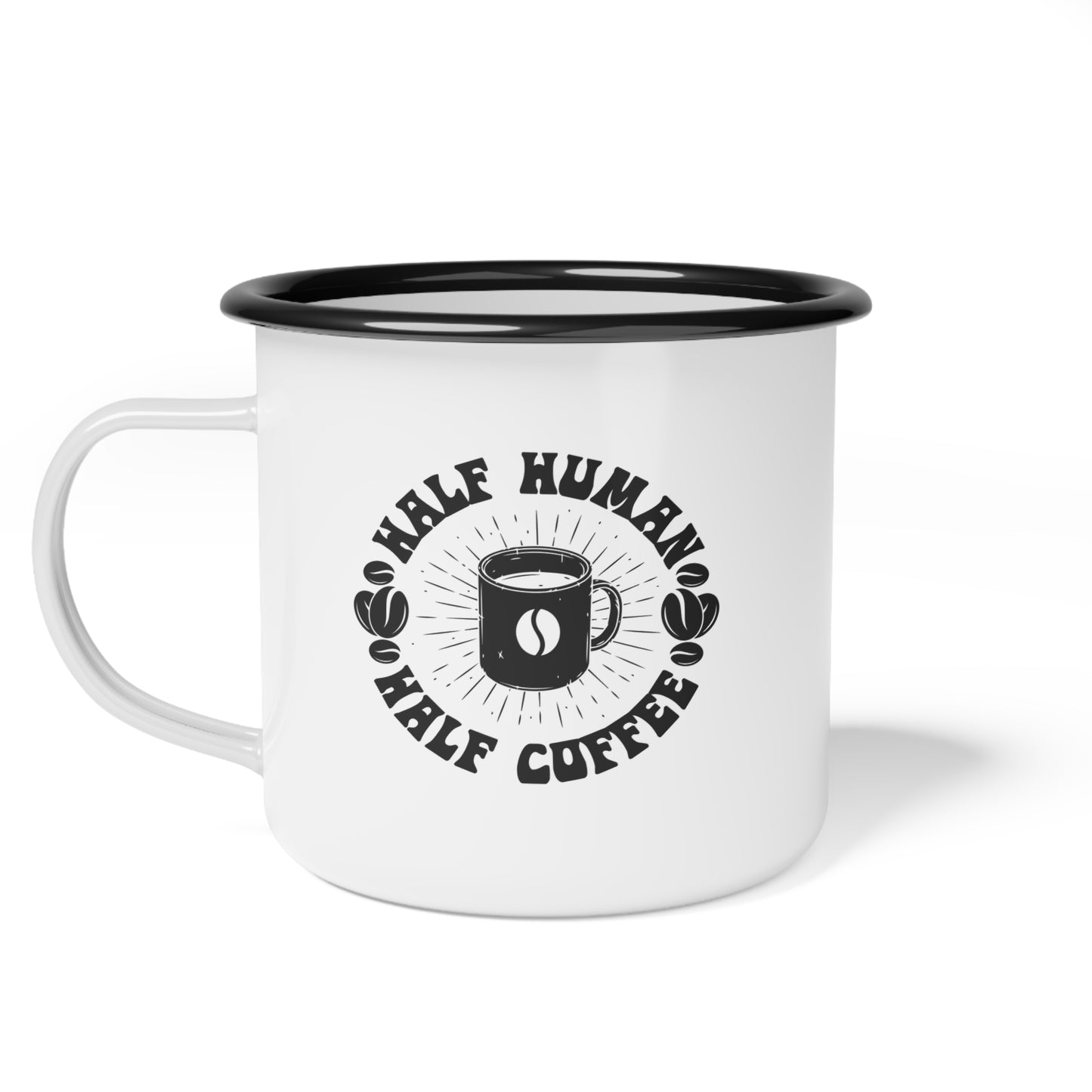 Half Human Half Coffee Enamel Camp Cup - Perfect for Coffee Lovers and Outdoor Adventures